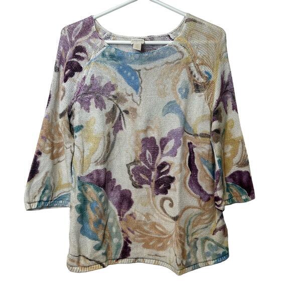 Chicos Womens Knit Sweater Sz 2P Watercolor Mulitcolored Art 3/4 Sleeve Spring - Picture 1 of 6